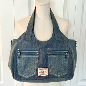 True Religion Blue Light Wash Denim Jean Pocket Tote Handbag